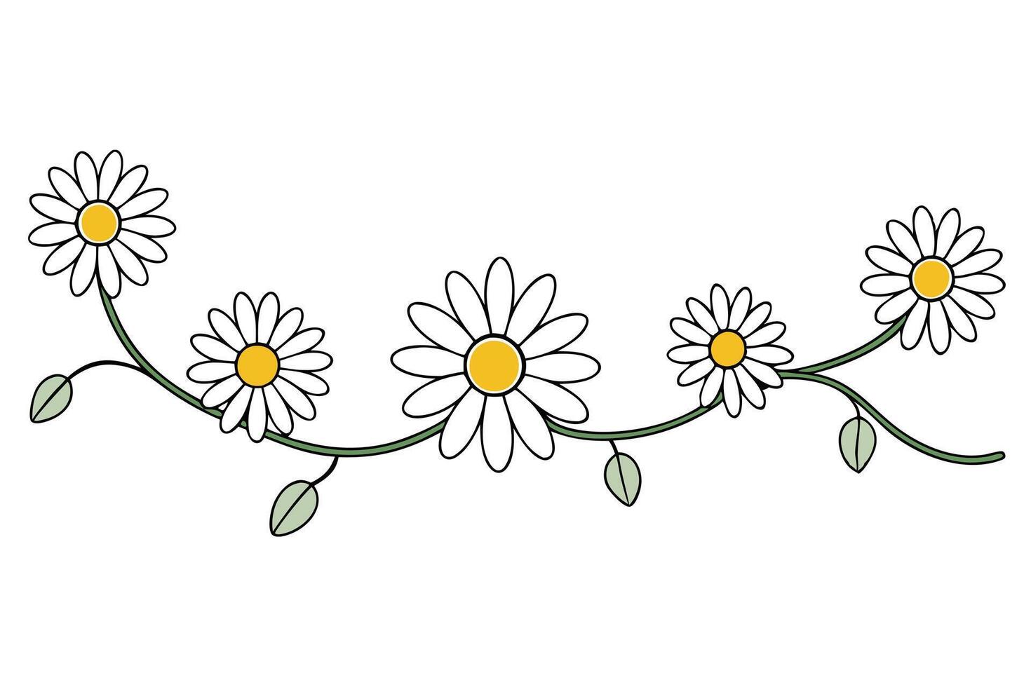 Charming Daisy Floral Vine White Petals, Yellow Centers, Green Leaves vector