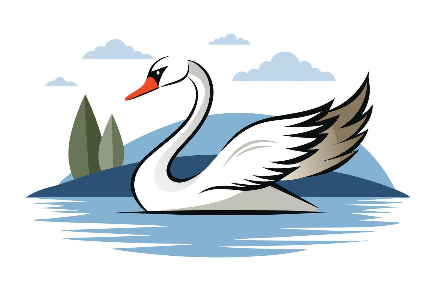 Elegant Swan Gracefully Swimming Serene Lake Landscape vector