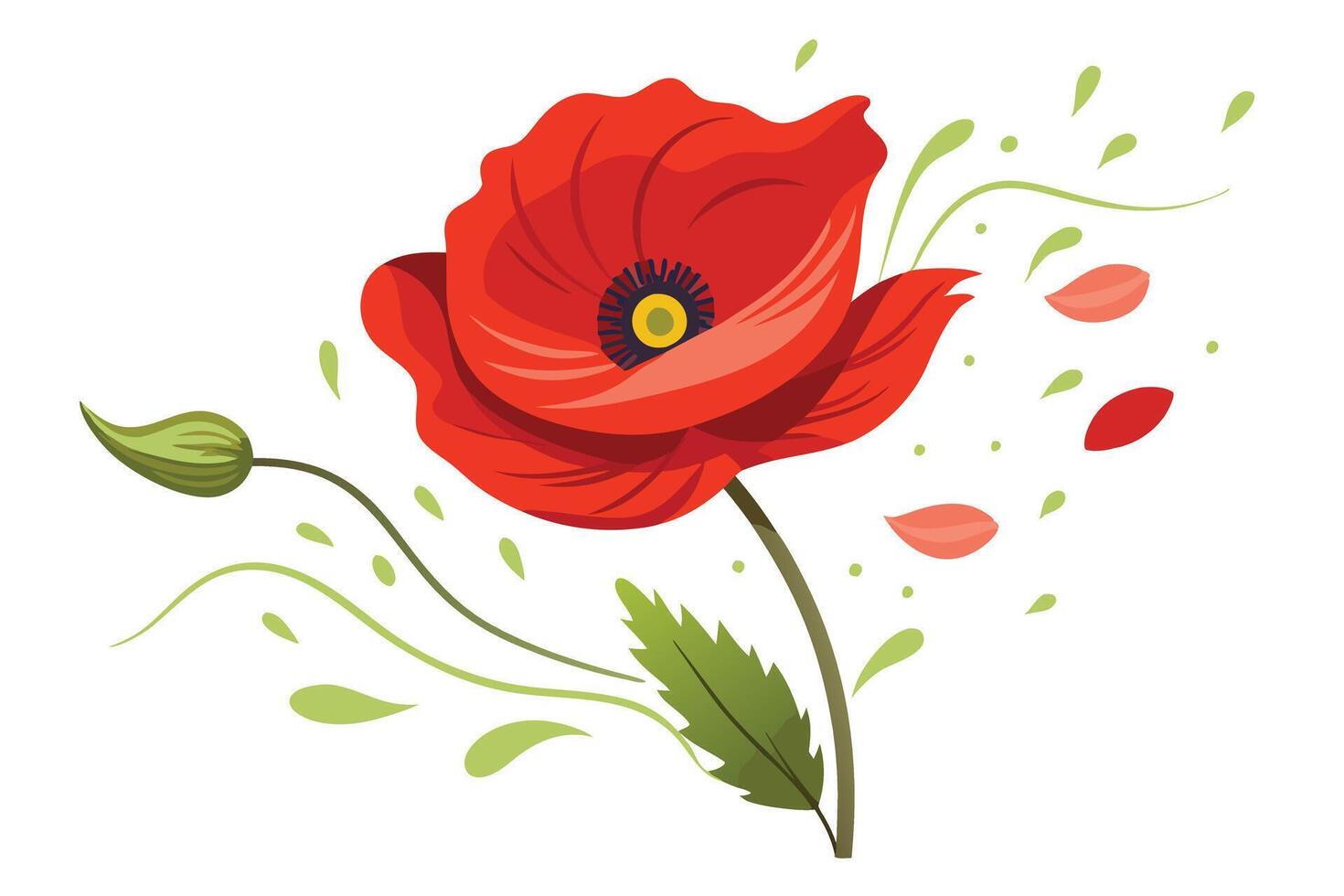 Vibrant Red Poppy Flower, Petals, Stem, Bud, Leaves, Art vector