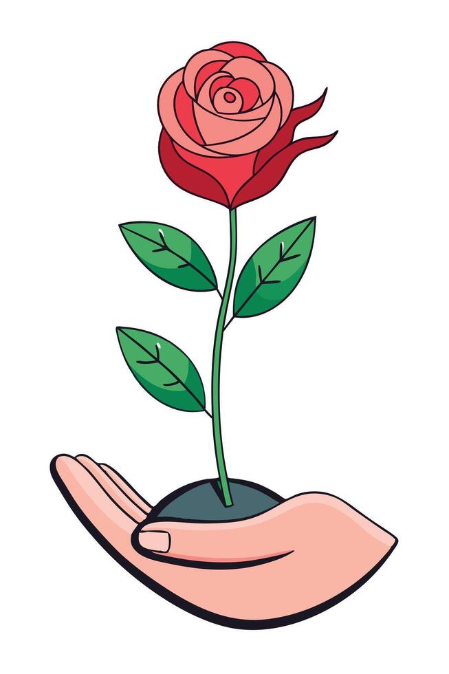 Hand Holding a Single Red Rose Plant in Bloom vector