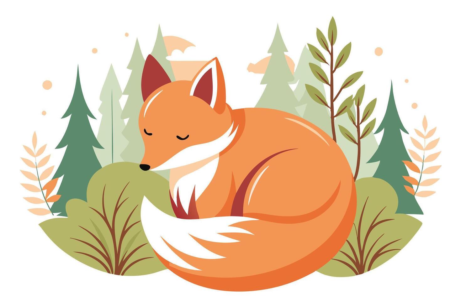Sleeping Fox in Peaceful Forest, Nature Illustration, Cozy Wildlife vector