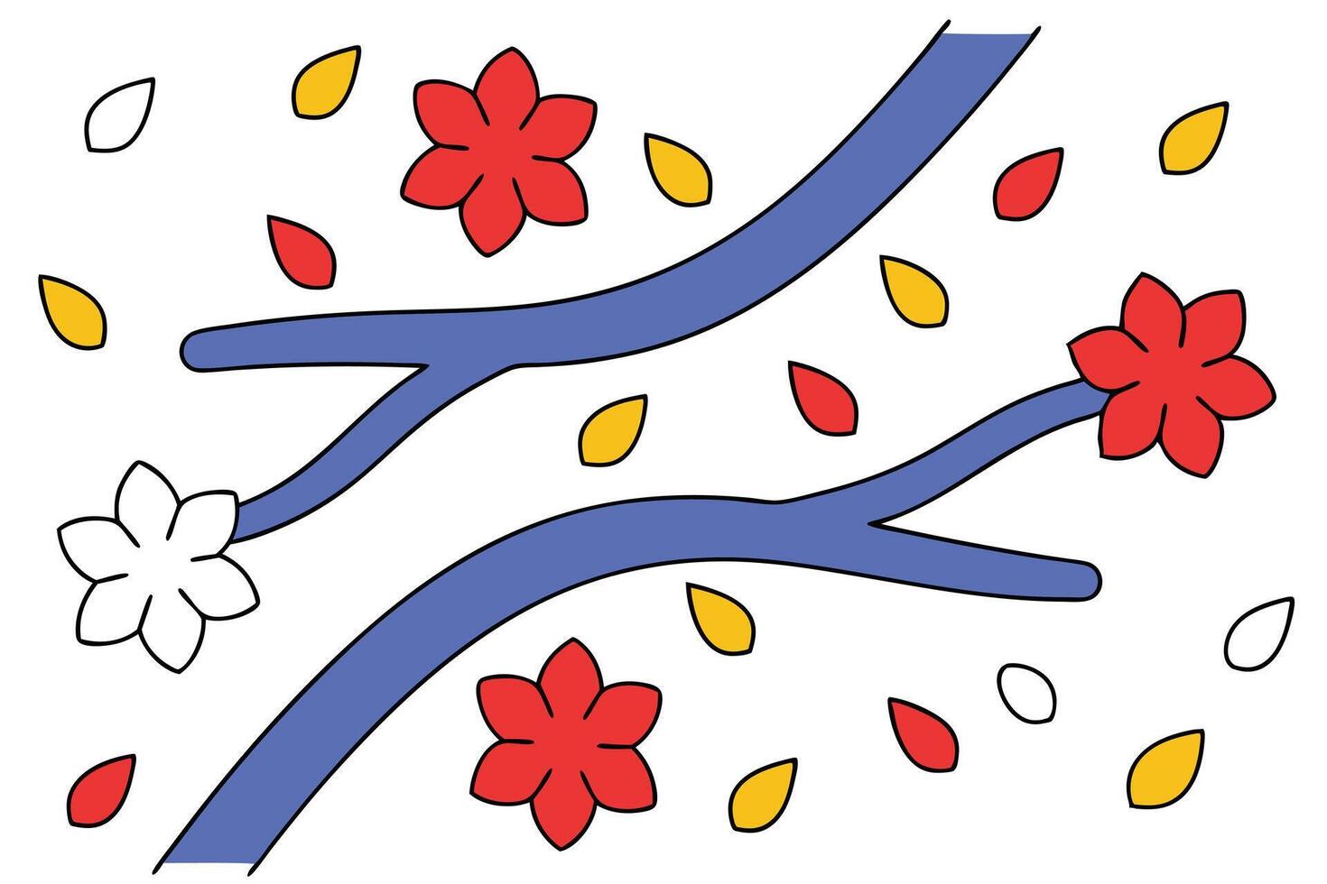Blooming Branches Colorful Flowers, Falling Leaves, Springtime Art vector