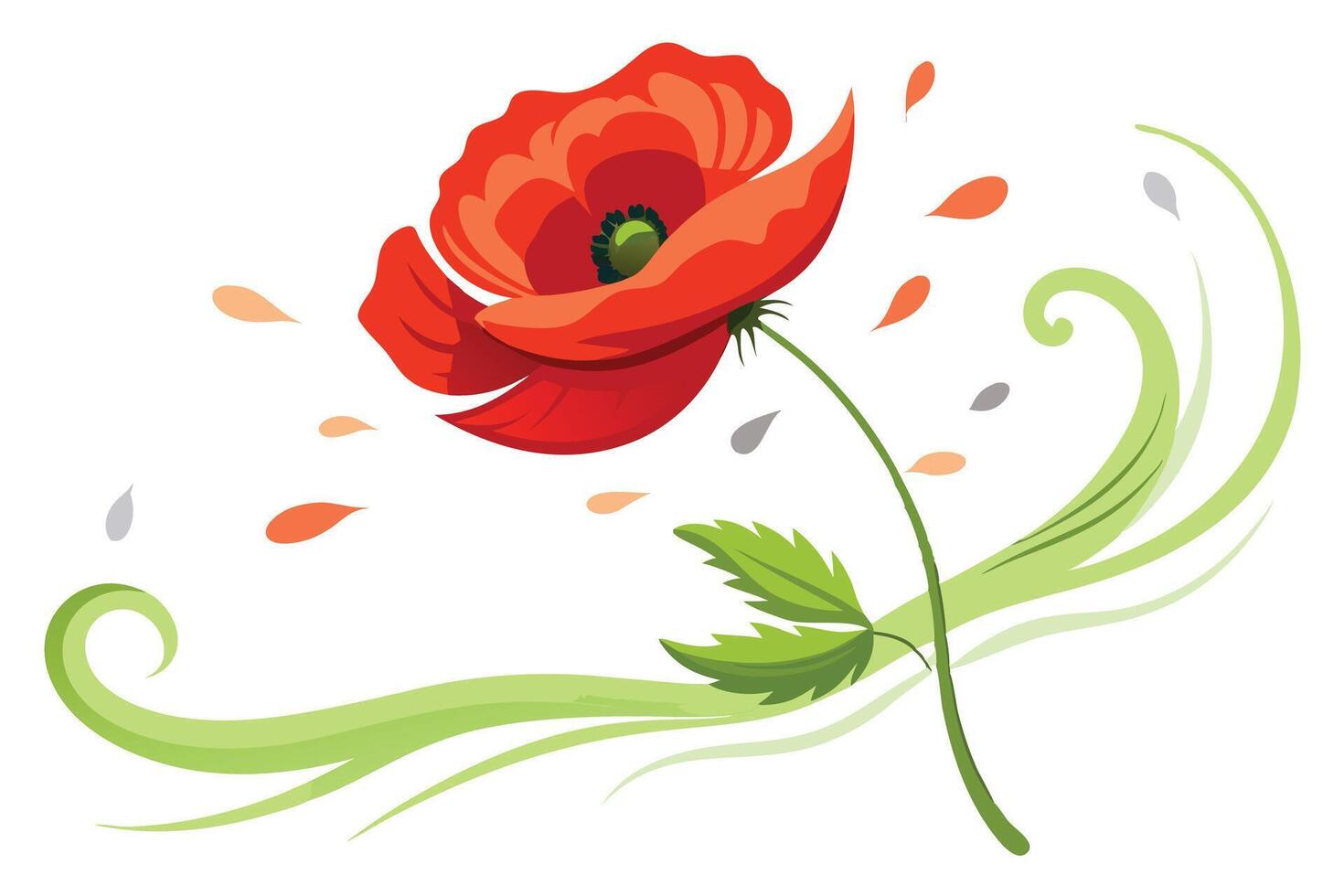 Red Poppy Flower in Wind, Petals, Stem, Green Leaves, Artistic Design vector
