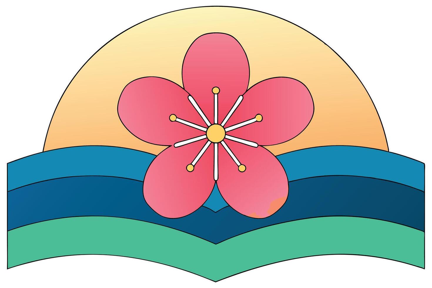 Sunrise Blossom Wave Crest Floral Japanese Ocean Design vector