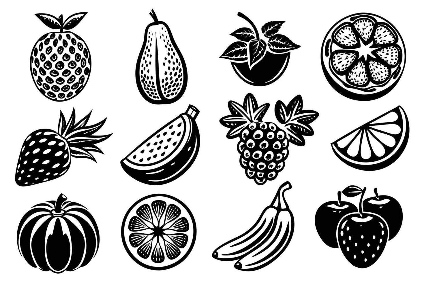 Vintage-style black and white fruit illustrations. vector