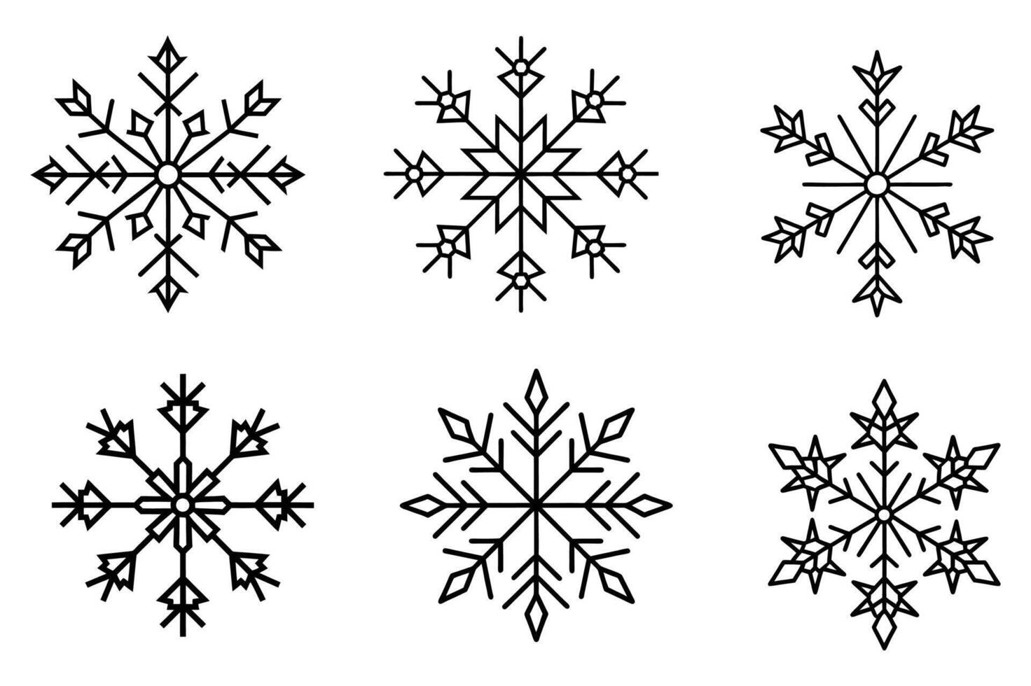 Six stylized snowflakes in a graphic design vector