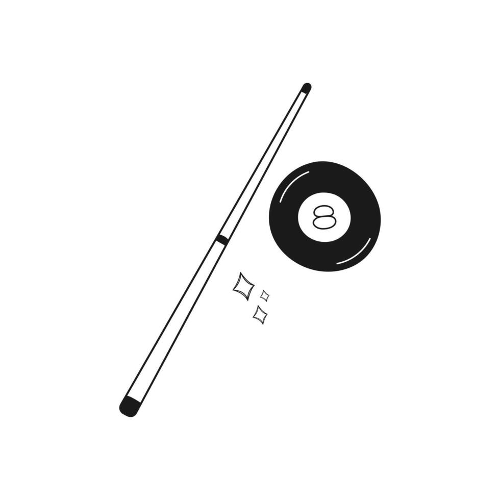 Billiard cue and 8 ball. Minimalist black and white design. Pool hall branding, sports blogs, posters, and merchandise. Leisure and entertainment concept. vector