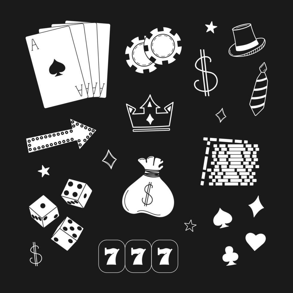 Casino themed illustration with gambling set doodles in black and white. Online games and entertainment-themed projects concept. vector