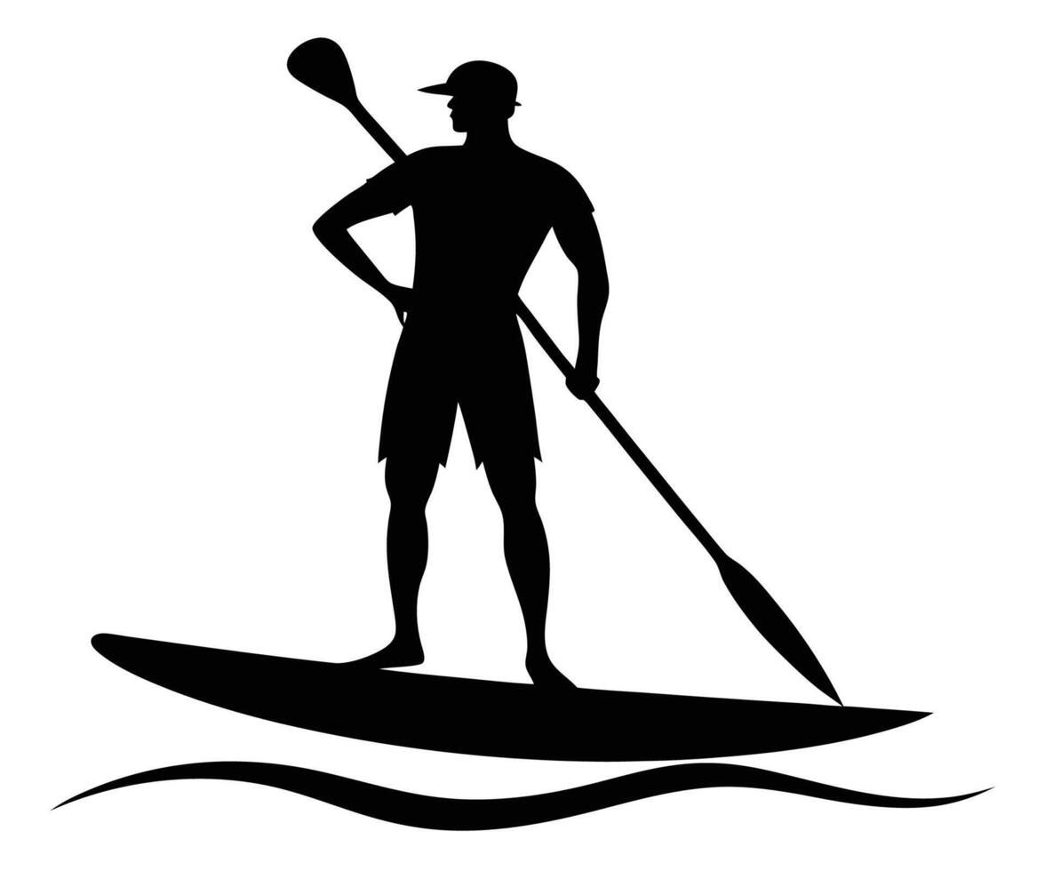 A silhouette of a man on a paddle board vector