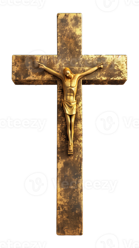 Golden cross with Jesus figure isolated on transparent background, Christianity and faith png