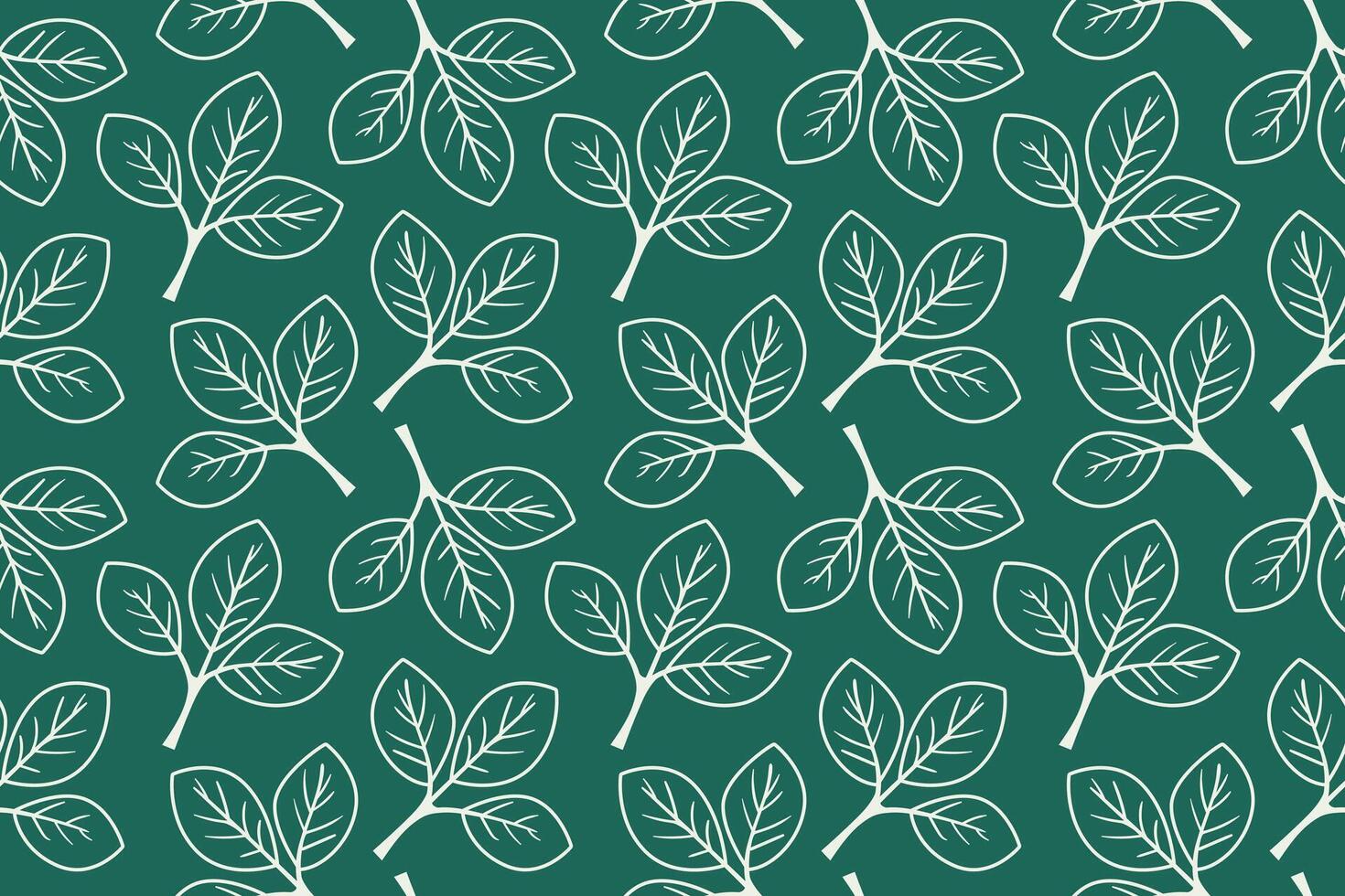 Elegant teal green background featuring a seamless pattern of minimalist offwhite leaves. Ideal for textile design, wallpaper, branding, or website backgrounds. vector
