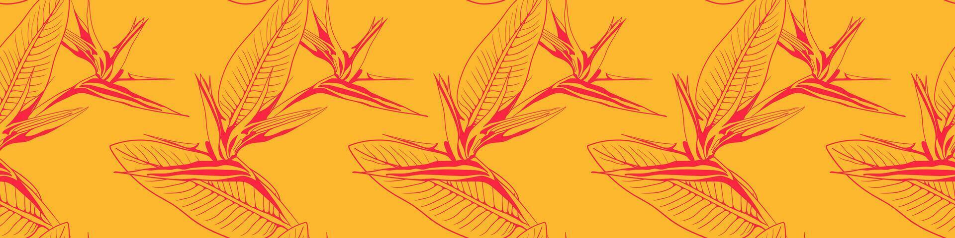 Vibrant bird of paradise flower line art pattern on a sunny yellow background. Perfect for textile prints, website banners, or summer-themed designs. vector