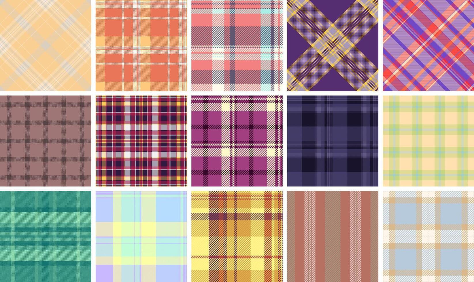Vibrant collection of 16 unique plaid patterns. Perfect for textile design, fashion, websites, and crafting projects. Various colors and styles offer endless design possibilities. vector