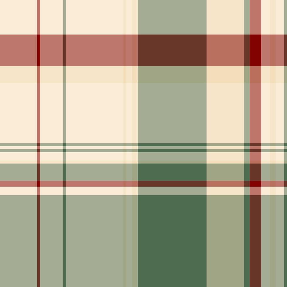 Elegant muted plaid pattern in soft greens, creams, and reds. Ideal for textile design, fashion, websites, or packaging. Adds a touch of sophisticated rustic charm. vector