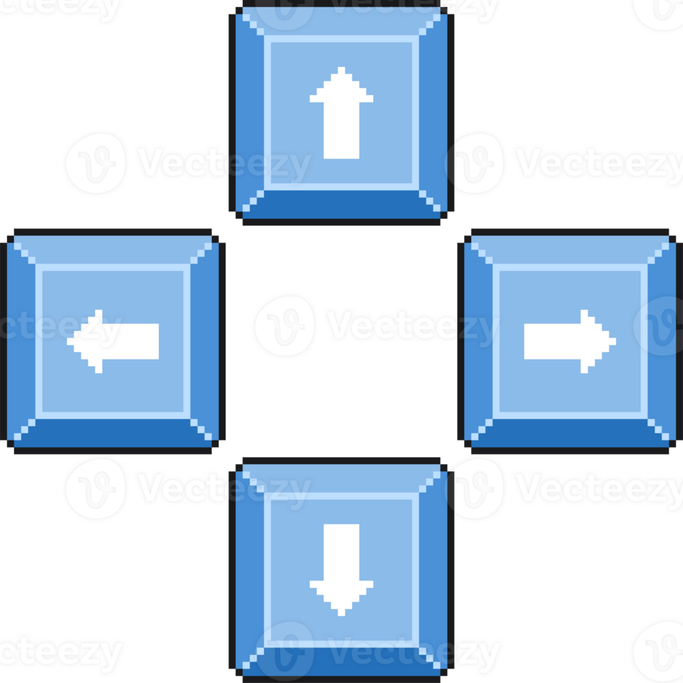 Game Control buttons. 3 D buttons with arrows. Contoured Pixel Game icon. Gaming Arrow Keyboard Keycaps png