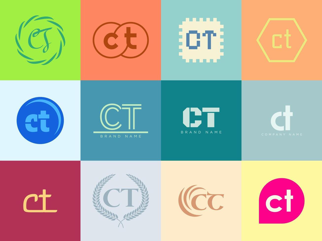 CT logo company template. Letter c and t logotype. Set different classic serif lettering and modern bold text with design elements. Initial font typography. vector