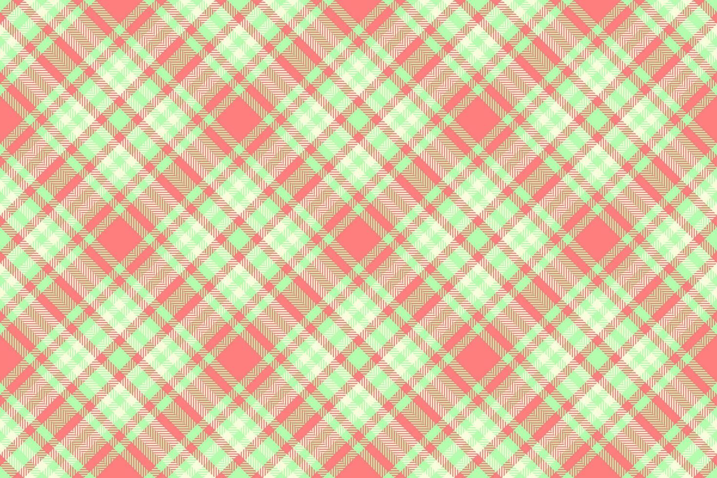 Vibrant coral, mint green, and cream plaid pattern. Perfect for textile design, fashion, wrapping paper, or website backgrounds. This seamless texture offers a fresh, stylish design. vector