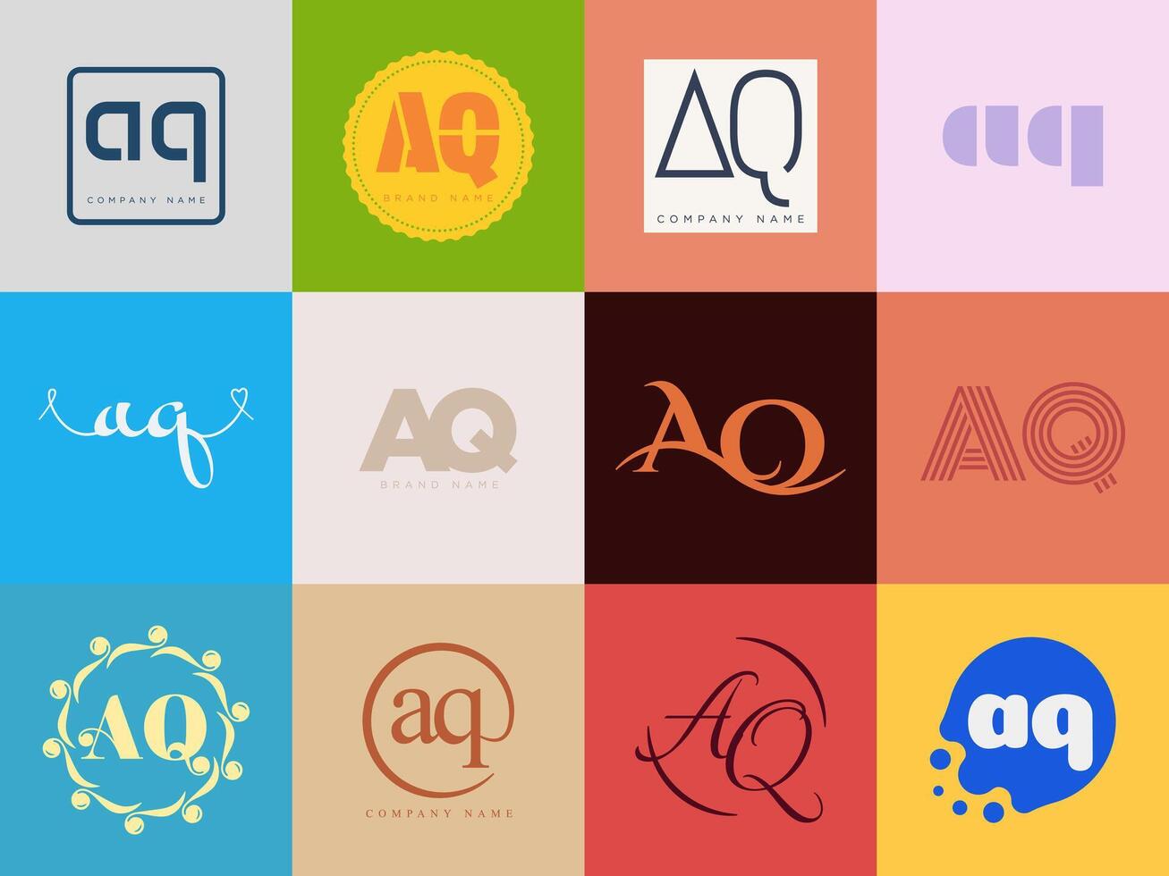 AQ logo company template. Letter a and q logotype. Set different classic serif lettering and modern bold text with design elements. Initial font typography. vector