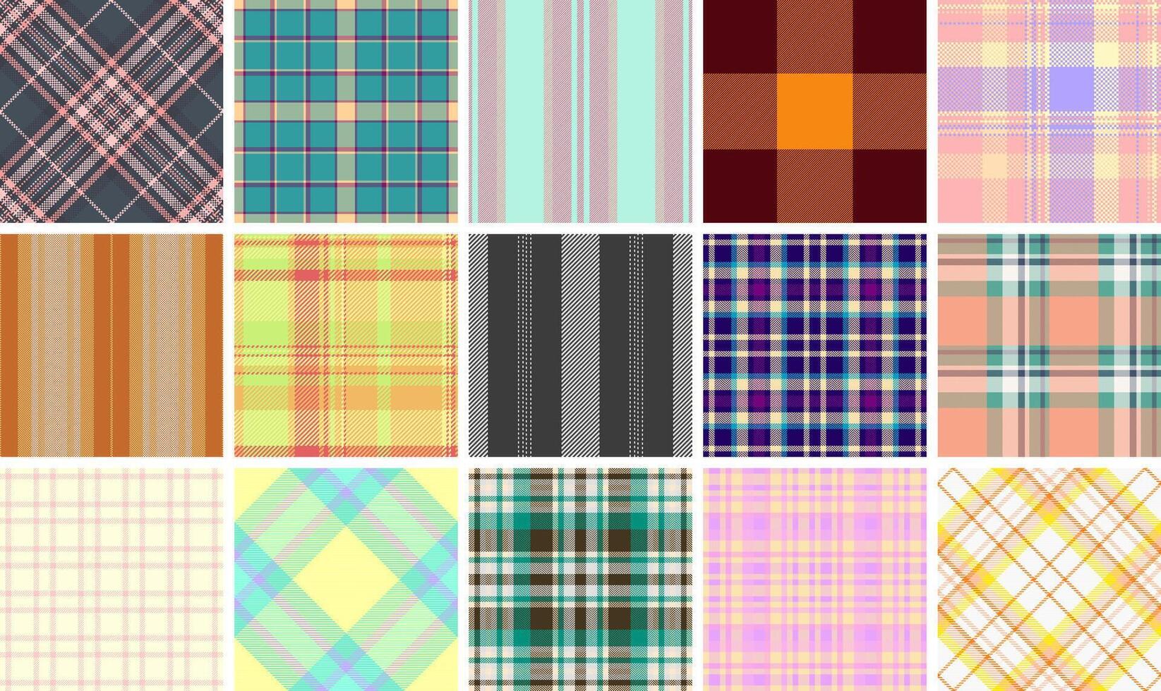 Vibrant collection of 16 seamless plaid patterns. Perfect for textile design, website backgrounds, and fashion projects. Various colors and styles offer diverse design options. vector