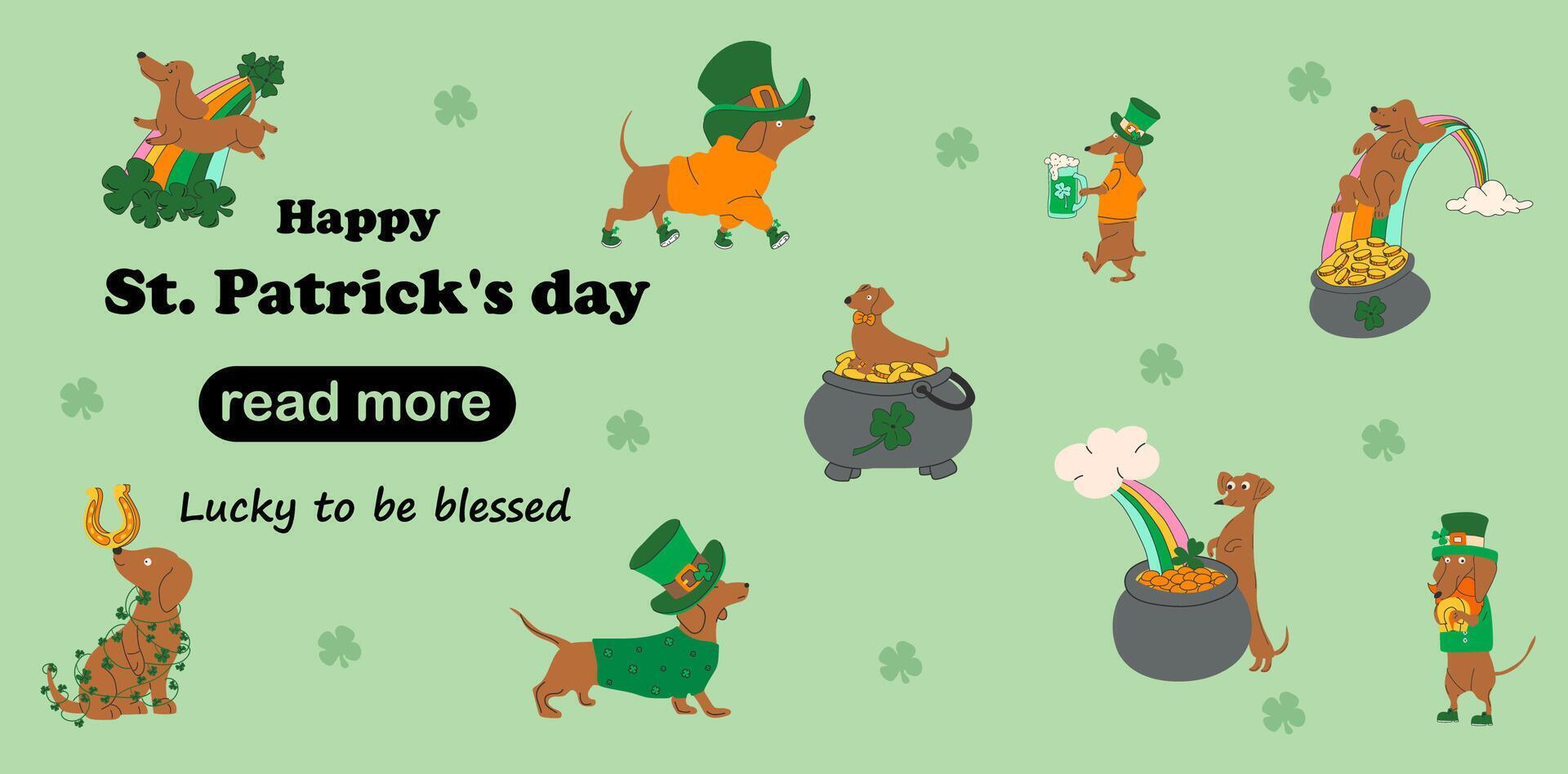 Web page design template. A set of cartoon dachshunds wearing green clothes and hats. St. Patrick's day. vector