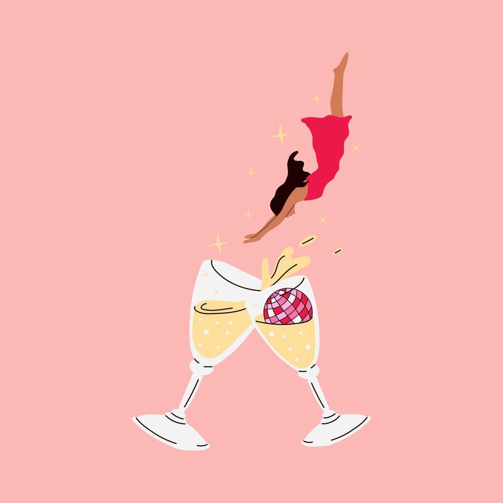 A woman is falling into a glass of champagne. Party time vector