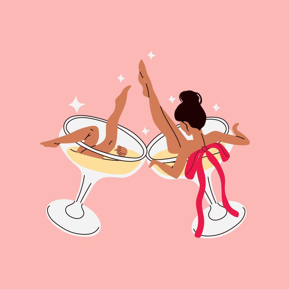 A woman is sitting in a champagne glass with her legs up. Party time vector