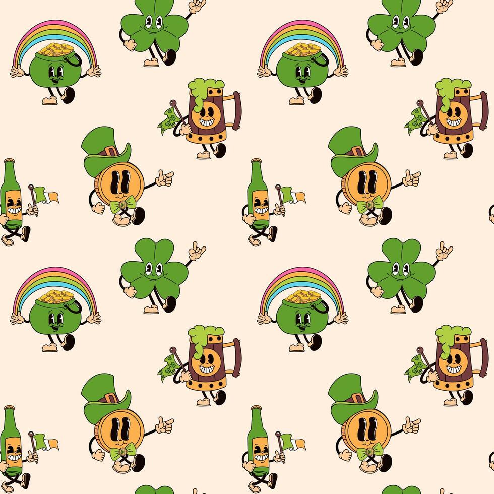 Seamless pattern with retro cartoon characters designed as St. Patrick's Day mascots vector