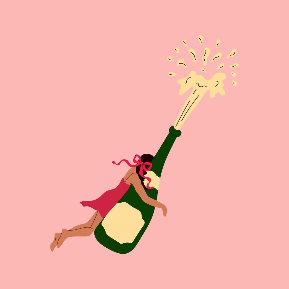 A woman is flying with a bottle of champagne. Party time vector