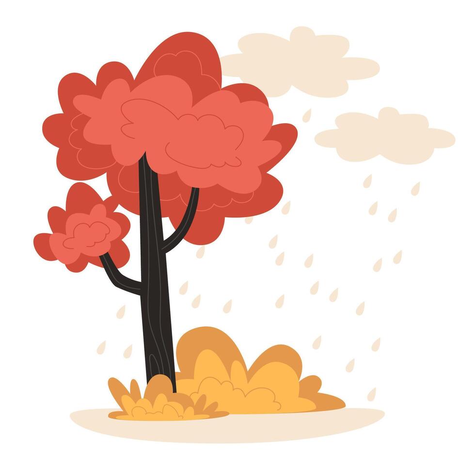 Autumn Landscape with Red Tree and Yellow Grass on a Rainy Day vector