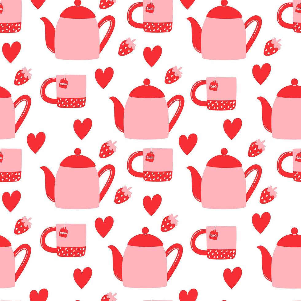 Seamless pattern with a bright teapot and cup set with strawberry hot tea vector