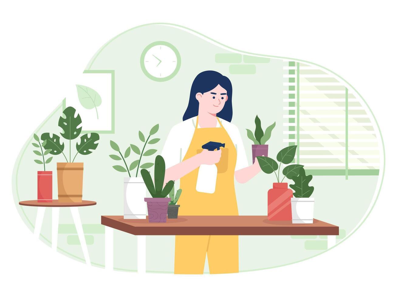 A woman is taking care of plants on a table flat illustration vector