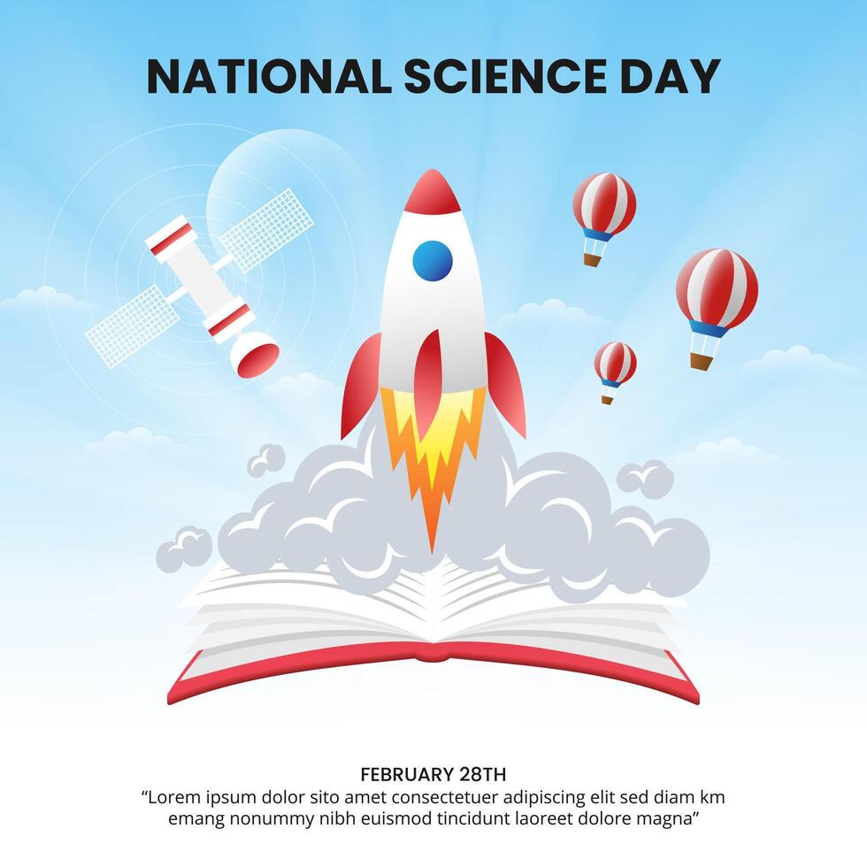 National Science Day background with an open book and rocket vector