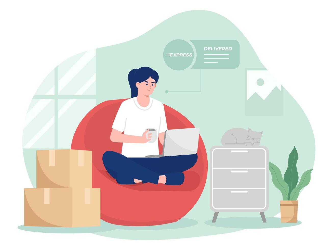 A woman shops online using a laptop flat illustration vector