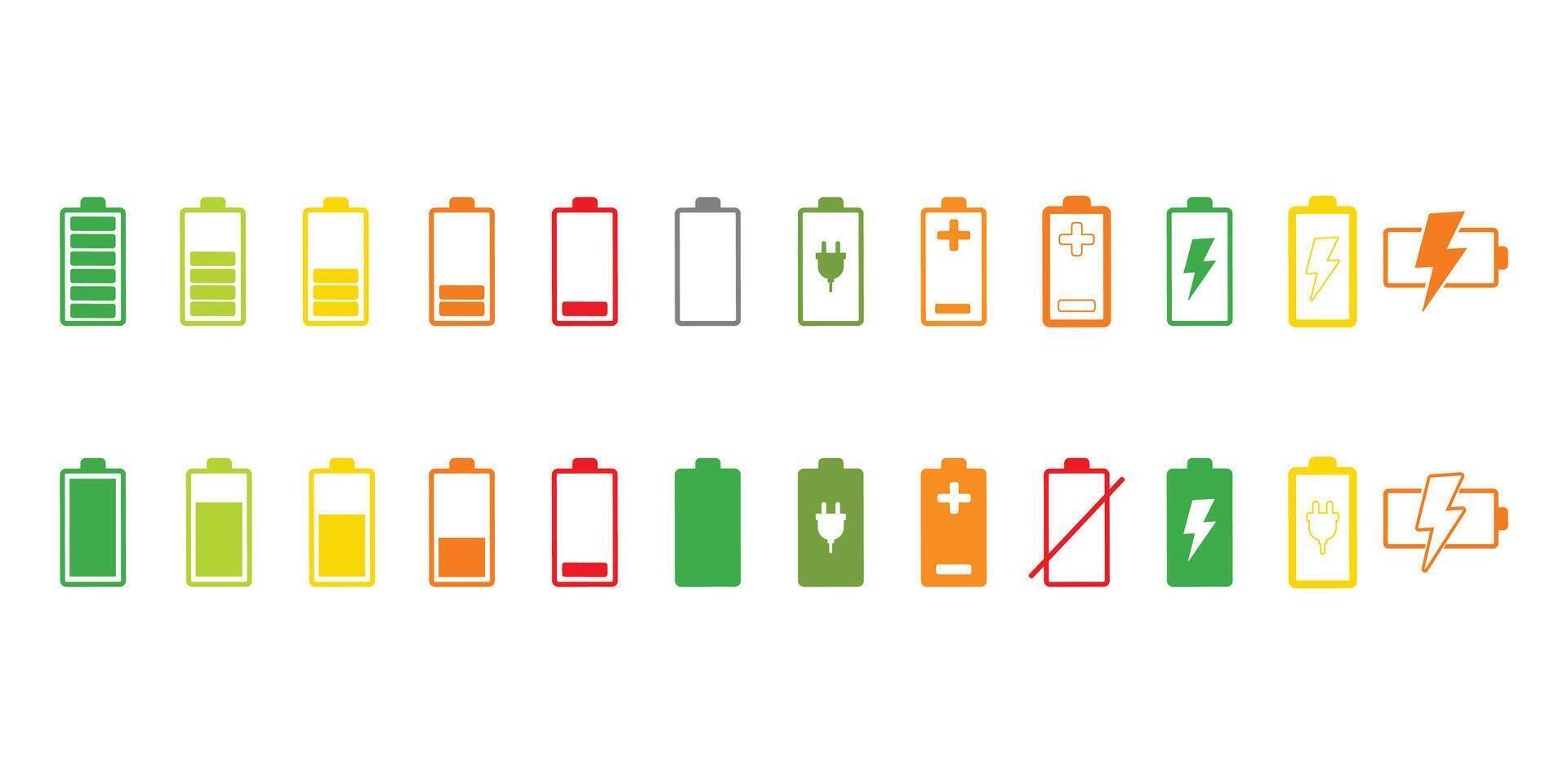 Battery charge flat icons in multiple colors. Battery charging, charge indicator. icon of a fully charged battery vector