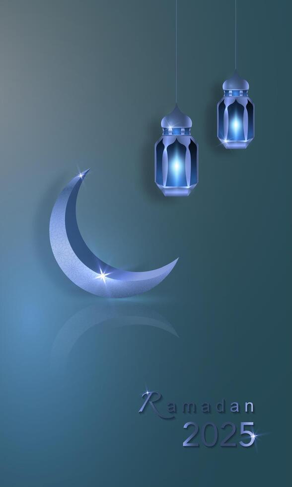 Ramadan 2025 vertical banner, 3D gold crescent moon and Arabic Hanging light Lamps, holiday greeting traditional islamic design. Blue light background with copy space for your text vector