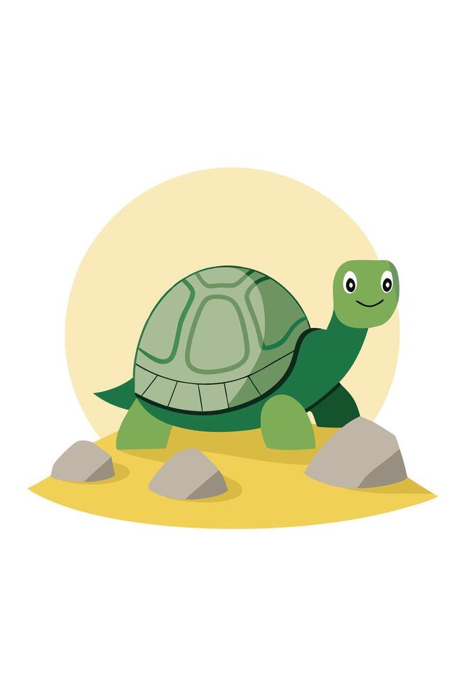 Cute Green Turtle Illustration, Shell, Rocks, Sand, Beach, Cartoon vector