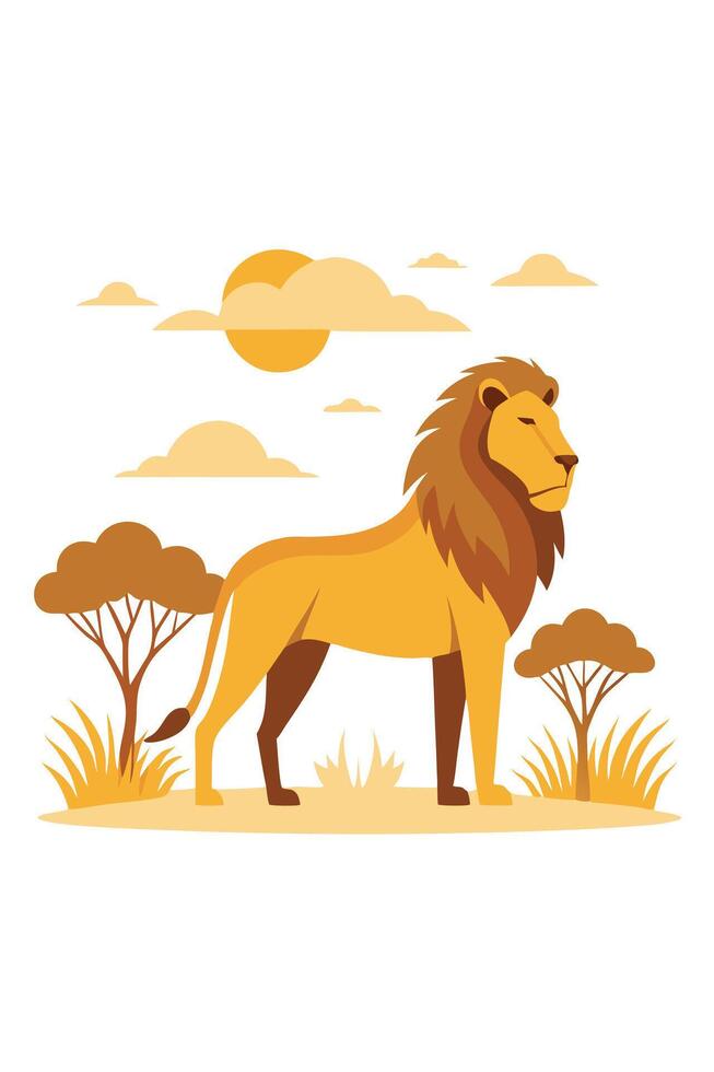 Majestic African Lion in Savannah Landscape, Sun, Clouds, Trees vector