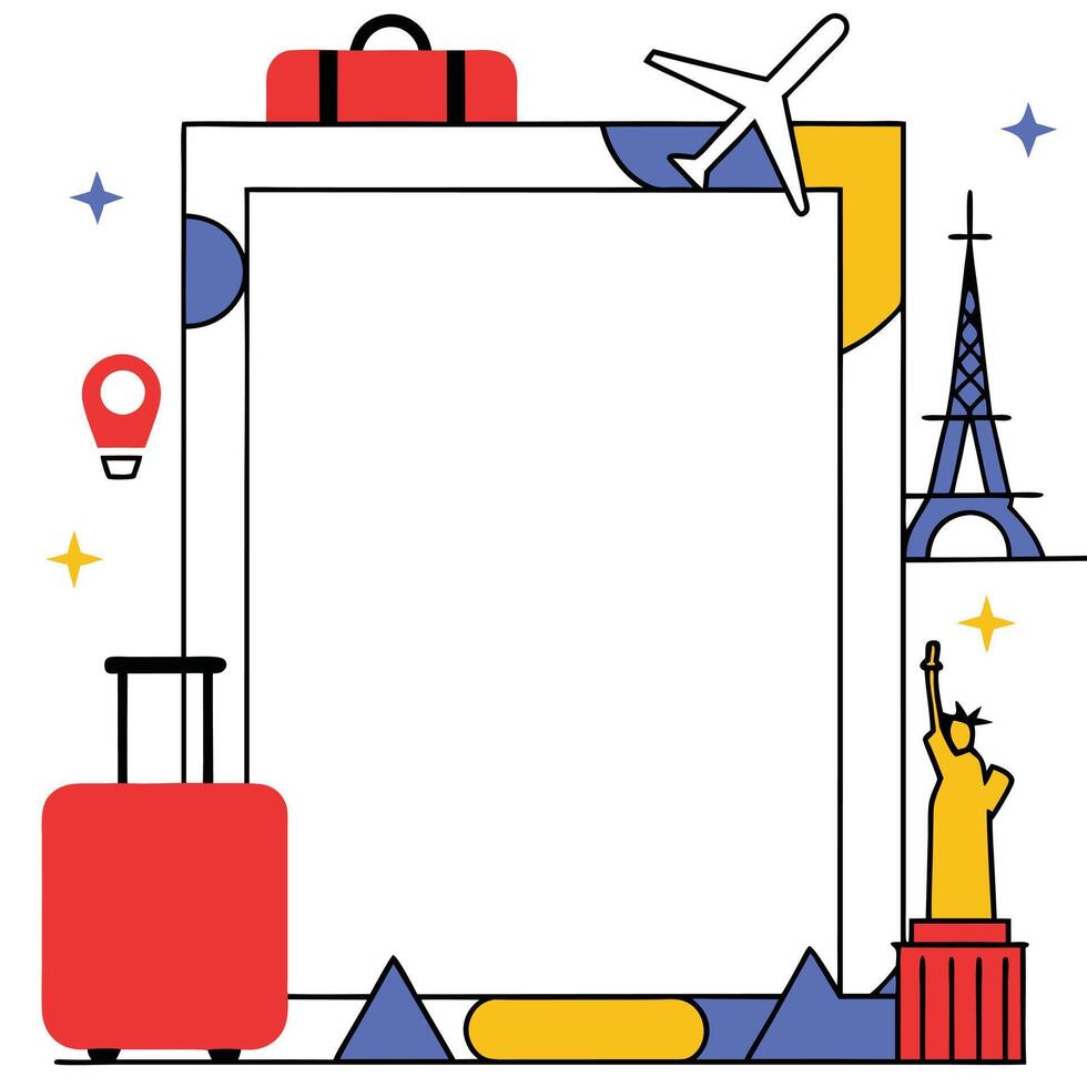 Travel Frame Suitcases, Plane, Eiffel Tower, Statue of Liberty vector