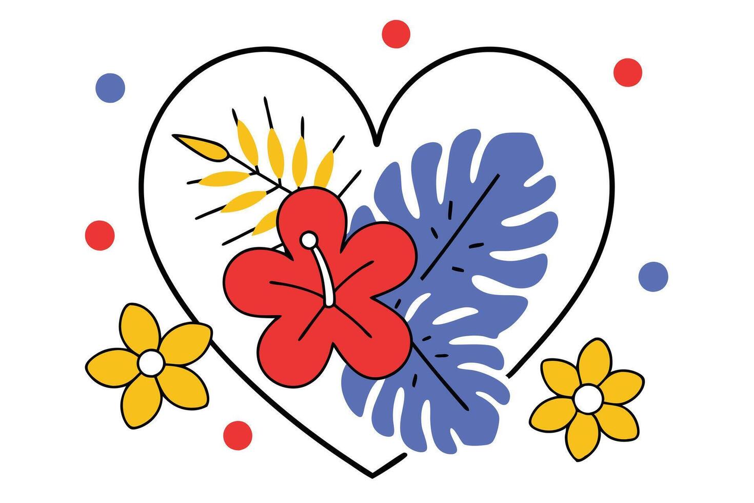 Heartshaped Tropical Floral Design Hibiscus, Monstera, and Yellow Flowers vector
