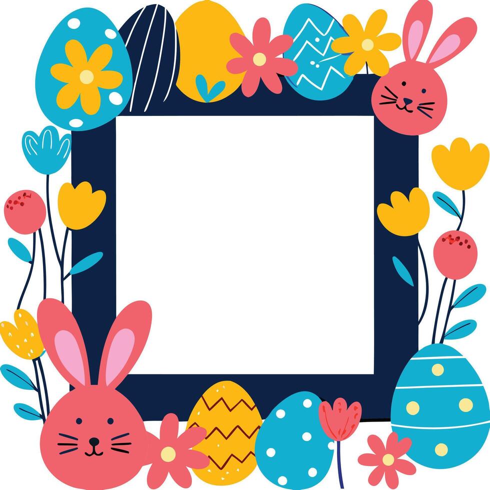 Easter Bunny Frame Colorful Eggs, Flowers, Spring Festive Design vector