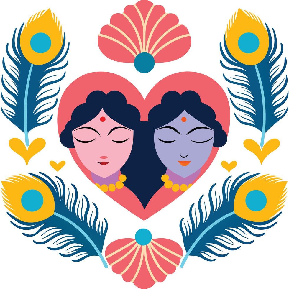 Radha Krishna Peacock Feathers Heart Love Divine Indian Art vector
