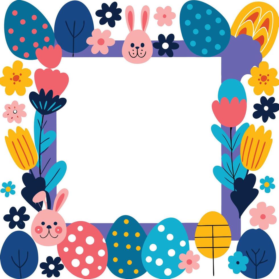 Easter Bunny Spring Floral Frame Design Colorful Eggs vector