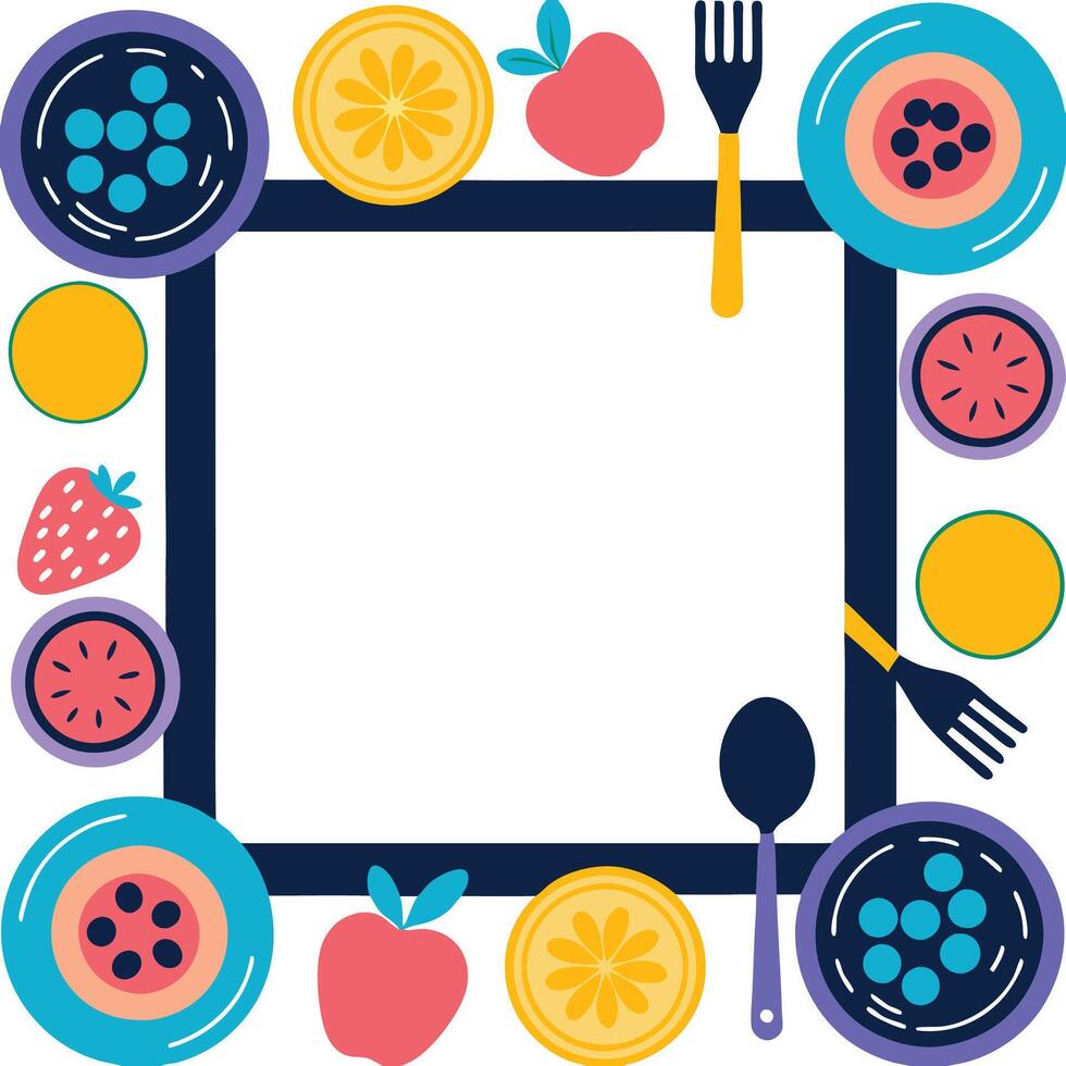Colorful Fruit, Bowls, Utensils, Frame, Healthy Food Design vector