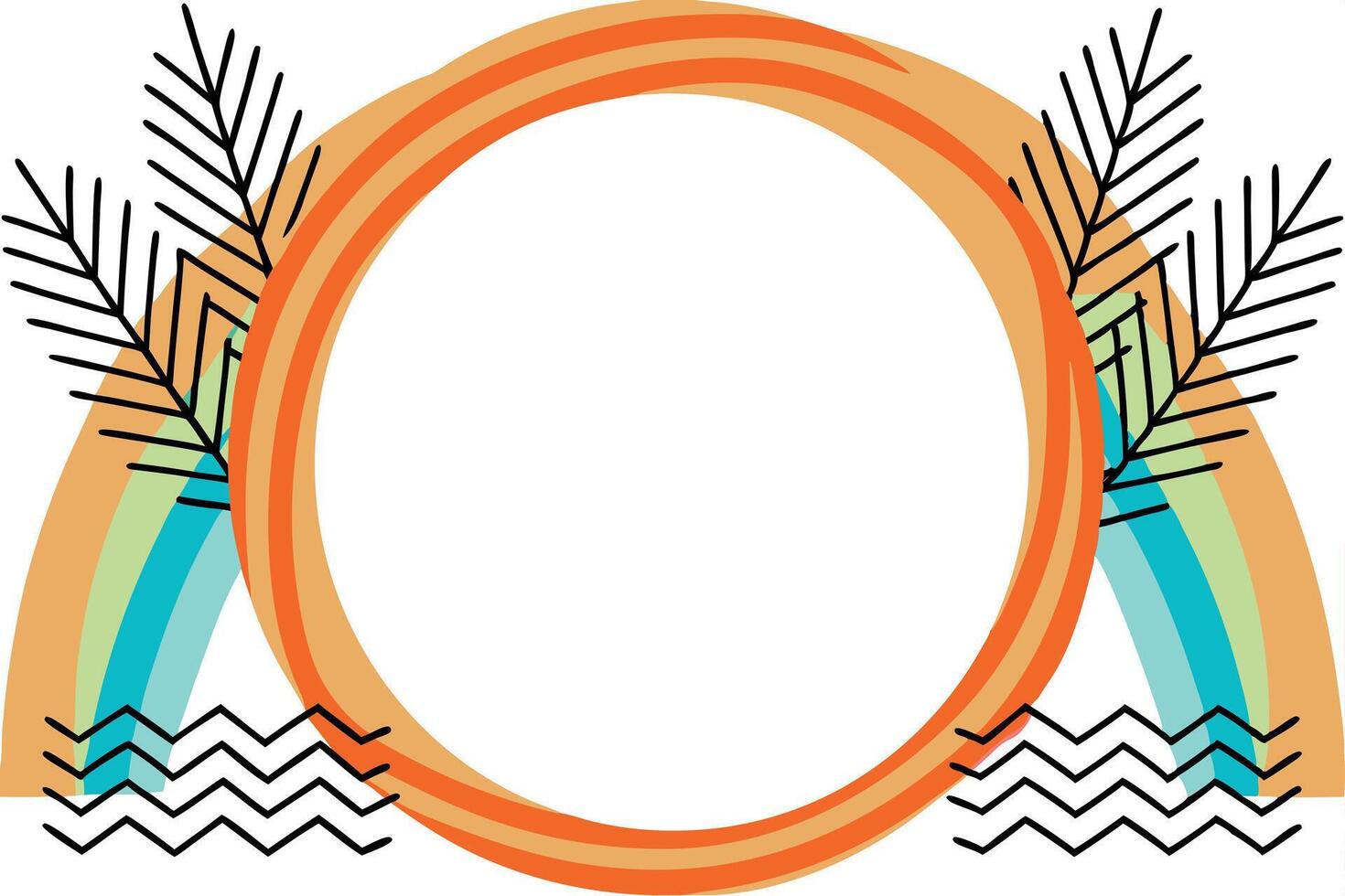 Abstract Circular Frame with Rainbow, Leaves, and Zigzags vector