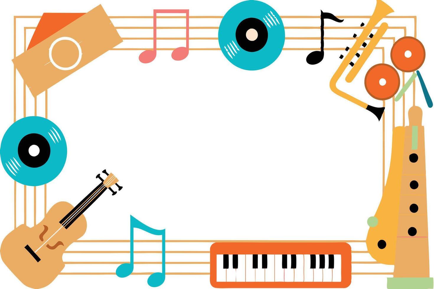 Musical Instruments Frame Records, Trumpet, Violin, Keyboard, Notes vector