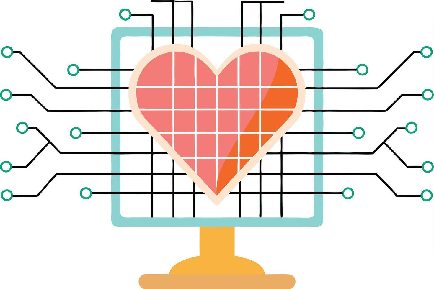 digital corazón circuitos, tecnología, amar, computadora, monitor, datos, red, conexión, red, código vector