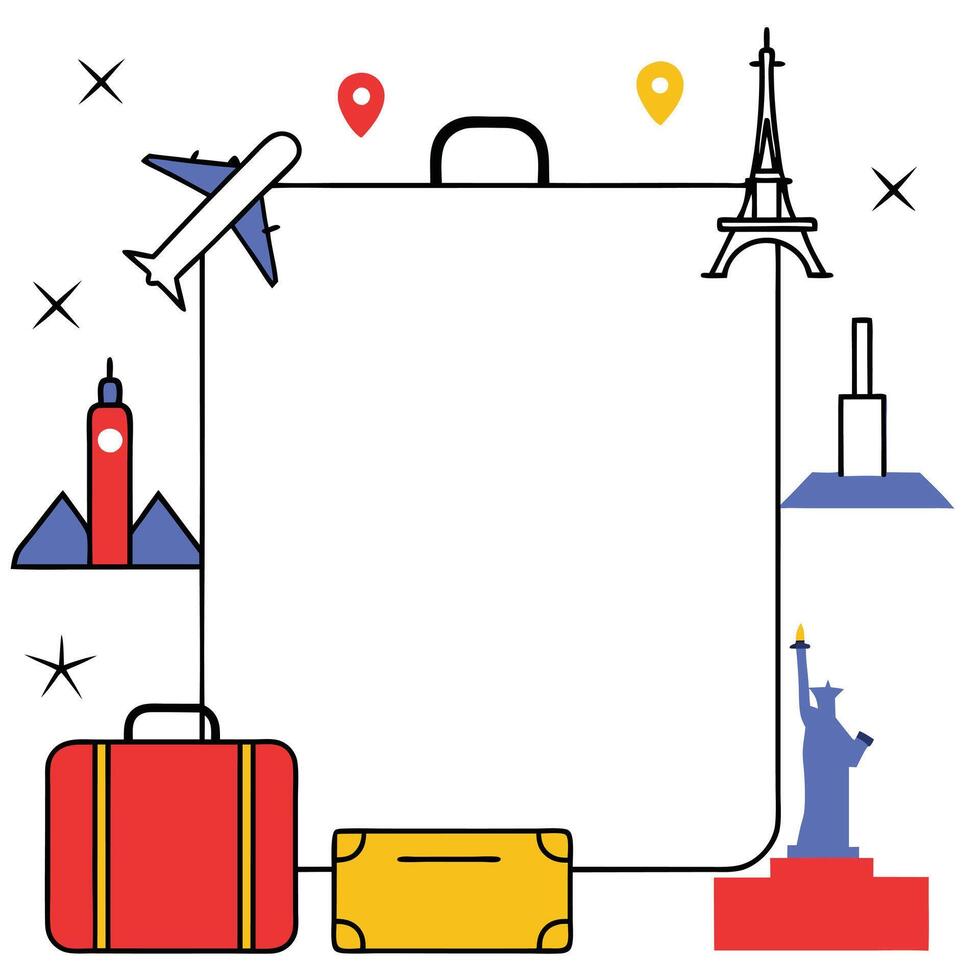 Travel Itinerary Airplane, Suitcases, Eiffel Tower, Statue of Liberty vector