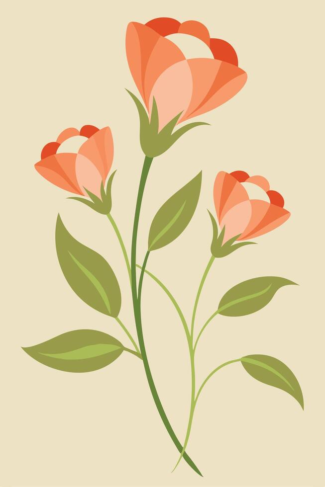 Elegant Peach Blossom Floral Art Simple Stem, Green Leaves vector