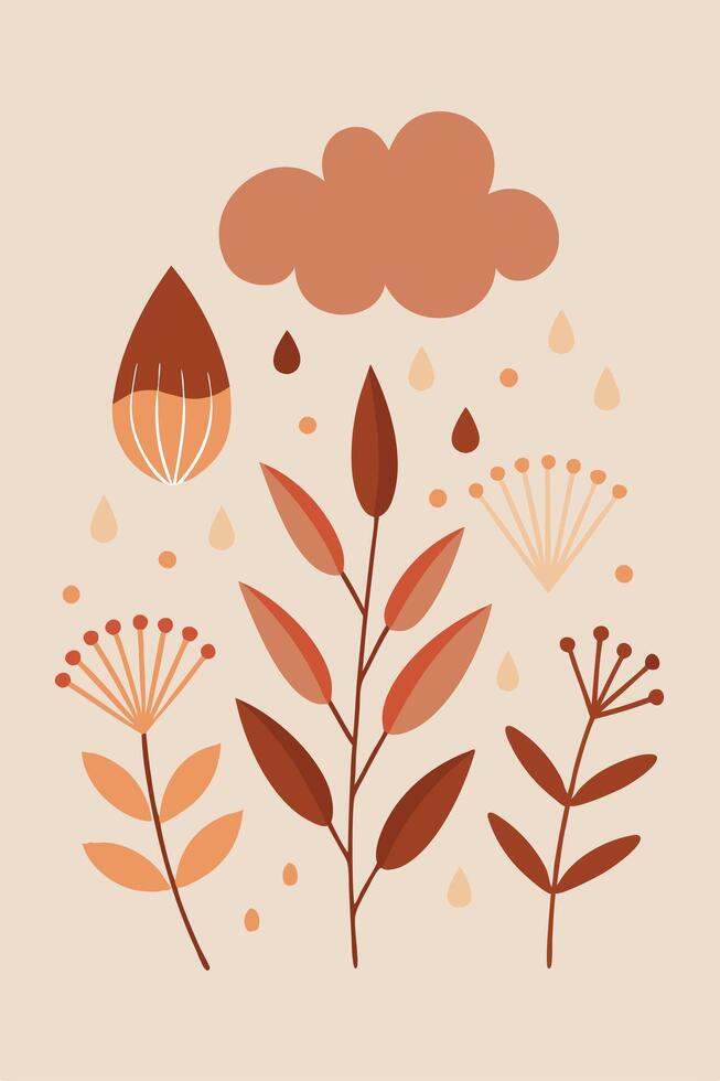Autumnal Rain Cloud Botanical Illustration Leaves, Flowers, and Drops vector