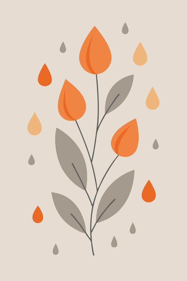 Abstract Minimalist Orange Flower Branch Design with Rain Drops vector